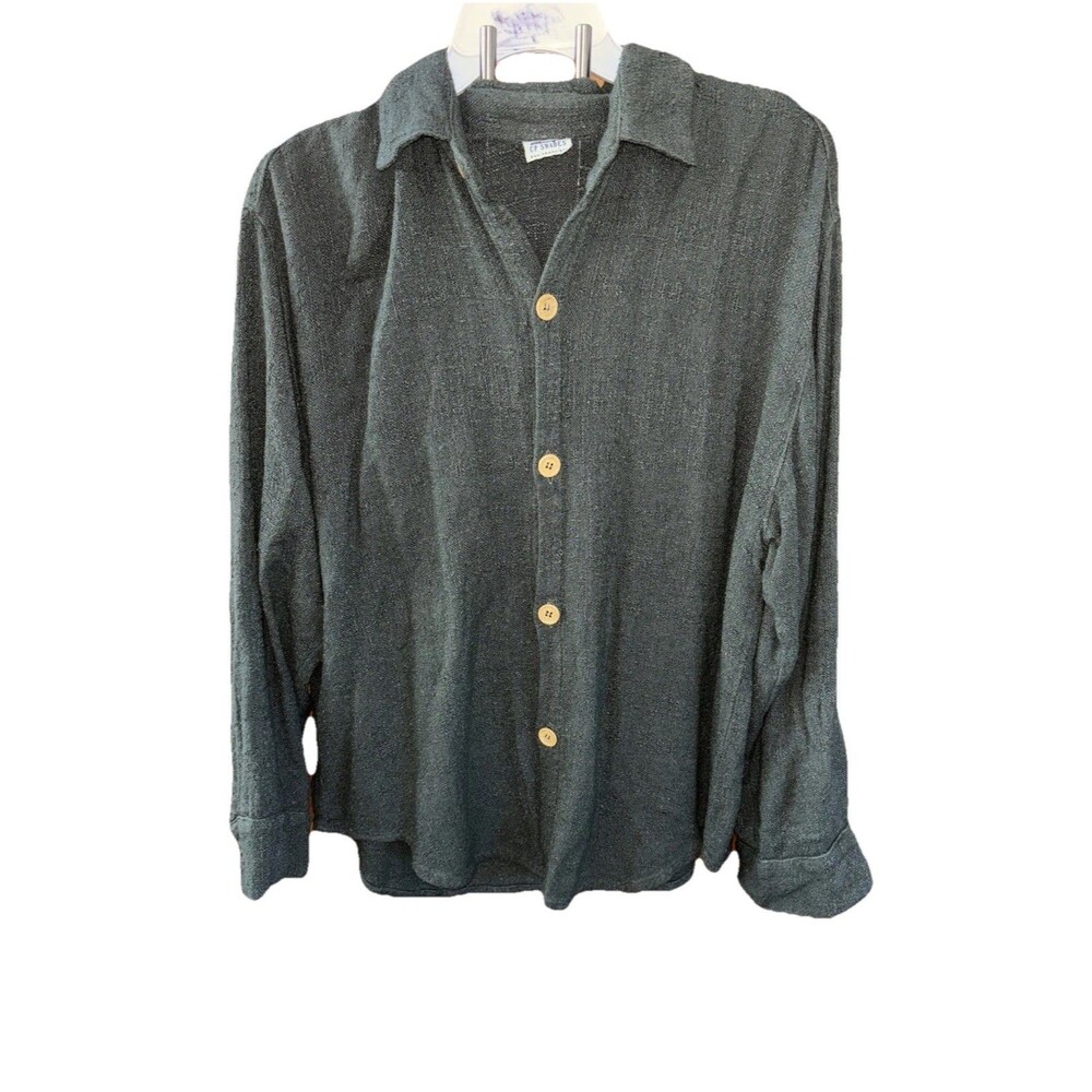 CP Shades Textured Shirt Long Sleeve Button Up S Green Cotton Rayon Flax
